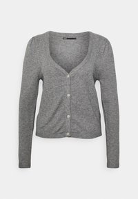 Gray cardigan made of soft knit fabric, featuring a V-neck, long sleeves, and six front buttons. Subtle gathered detail at shoulders.
