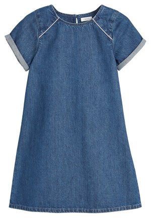 Robe en denim avec des manches courtes retroussées, un col rond et des coutures légères. Couleur bleue unie, coupe décontractée et ourlet au genou.