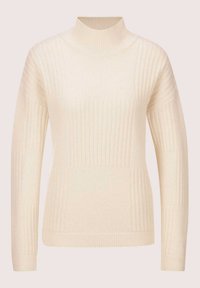 Hellbeiger, gerippter Rollkragenpullover mit hohem Kragen, langen Ärmeln und einem strukturierten Strickmuster auf dem Stoff.