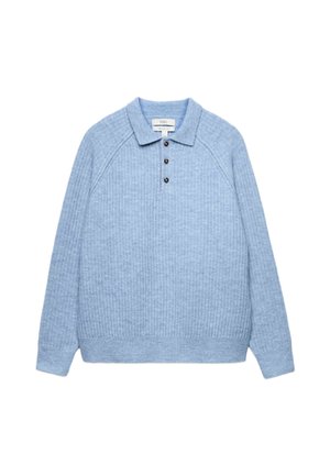 Marks & Spencer, LOFTY RIBBED BUTTONED KNITTED POLO SHIRT. - Striktrøje - mid blue