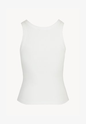 Witte geribbelde mouwloze tanktop met een ronde halslijn en een slanke pasvorm, weergegeven tegen een lichte achtergrond.