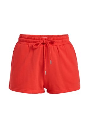 Rode katoenen shorts met een elastische tailleband, verstelbaar trekkoord, zijzakken en een relaxed fit. Zachte textuur, zonder patronen of accenten.