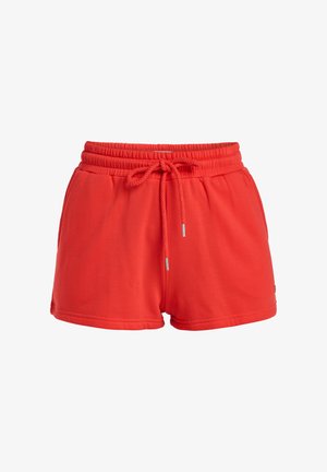 Rode katoenen shorts met een elastische tailleband, verstelbaar trekkoord, zijzakken en een relaxed fit. Zachte textuur, zonder patronen of accenten.