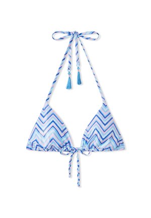 Trójkątny biustonosz bikini wykonany z miękkiego materiału, z niebieskim, różowym i białym wzorem w zygzak. Zapinany na szyi i plecach z frędzlami.