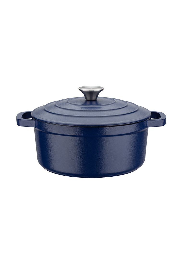 Casserole en fonte, extérieure émaillée bleu foncé, couvercle assorti avec un bouton en acier inoxydable, forme ronde, surface texturée, deux poignées sur les côtés.