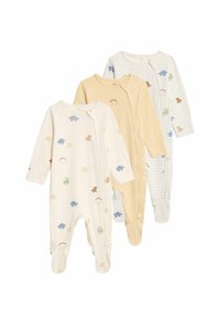 Tre baby onesies: krämfärgad med dinosauriemönster, ljusgul och vit rutig med färgglada dinosaurier. Alla har dragkedjeöppning och fotade bottnar.