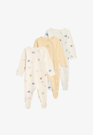 Tre baby bodystockings: cremefarvet med dinosaurtryk, lysegul og hvid med rutemønster og farverige dinosaurer. Alle har lynlåse og fodede bunde.