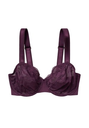 Lilla blonderet undertrøje med bøjle, justerbare brede satin-stropper og halv-gennemsigtige netkopper, designet til støtte og æstetisk appel.