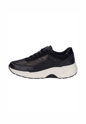 Black sneaker featuring a mix of textured snake print and smooth leather. Thick white sole with black accents. Lace-up design with rounded toe.