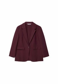 Burgundy bleiseri, joka on valmistettu tekstuurimaisesta kankaasta. Siinä on viistot kaulukset, kaksi etutaskua ja yksittäinen nappikiinnitys.