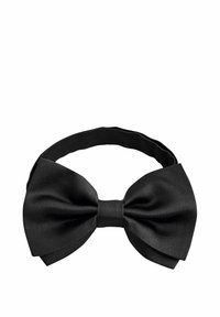 Sorte satin butterflyflue med en bred, struktureret form og en glat tekstur. Fastgjort til et fleksibelt, sort bånd.