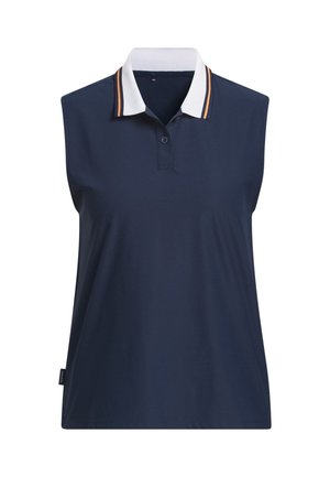 Marineblaues ärmelloses Polohemd mit weißem Kragen und orangen Streifen, ausgestattet mit einer dreiknöpfigen Knopfleiste und einer glatten, leichten Stoffstruktur.