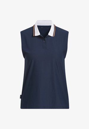 Navy sleeveless polo shirt with a white collar and orange stripes, featuring a three-button placket and a smooth, lightweight fabric texture.