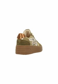 Green suede sneaker with a brown rubber sole, contrasting white laces, and a shiny copper heel accent. Side features a leopard print design.