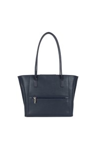 Sac fourre-tout en cuir bleu marine avec une surface texturée, deux longues poignées et une poche zippée à l'avant. Présente des lignes épurées et une forme structurée.