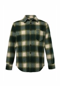 Camicia di flanella con un motivo a quadri verde, crema e grigio, maniche lunghe, chiusura con bottoni e taschino sul petto. Tessuto morbido e colletto classico.