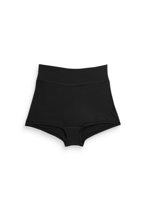 Schwarze, hoch geschnittene Shorts aus einem weichen, dehnbaren Material. Glatte Textur ohne Muster oder sichtbare Beschläge.