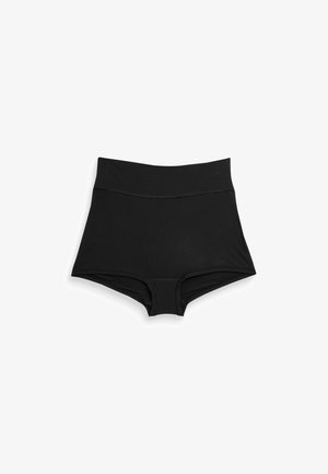 Zwarte high-waisted short gemaakt van een zachte, rekbare stof. Gladde textuur zonder patronen of zichtbare hardware.