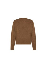 Maglione marrone a maglia con scollatura rotonda, orlo a costine e maniche lunghe con un design leggermente accorciato. Texture morbida e colore uniforme.