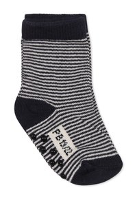 Paski skarpet w kolorze granatowym i białym, z ribbowanym mankietem, teksturowanym dnem dla lepszego chwytu oraz metką z czarnymi akcentami.