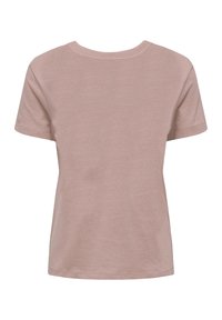 Kurzärmeliges, hellrosa T-Shirt aus weichem Baumwollmaterial mit rundem Ausschnitt und einem schlichten, unbeschichteten Design sowie einer glatten Textur.