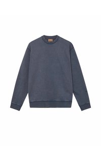 Granatowy sweter z okrągłym dekoltem, długimi rękawami i ściągaczami. Wykonany z miękkiego materiału o lekko chropowatej strukturze. Prosty design bez widocznych wzorów.