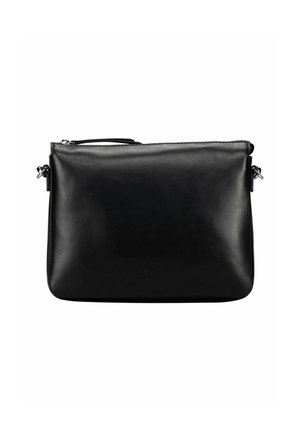 Pochette rectangulaire en cuir noir avec une fermeture éclair sur le dessus et des sangles latérales amovibles, surface lisse, sans ornements visibles.