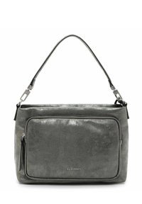 Borsa a tracolla in pelle grigia con superficie testurizzata, una sola tracolla e una tasca frontale con zip. Presenta accessori in argento e dettaglio del logo.