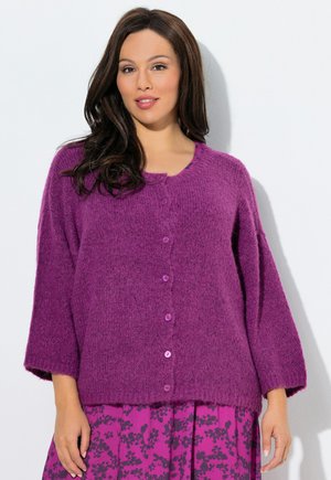 Kvinde med langt mørkt hår iført en lilla knappet cardigan og en lilla nederdel med blomstermønster, stående mod en hvid baggrund.