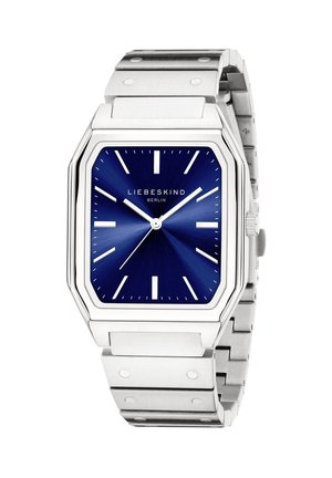 Montre en acier inoxydable argenté avec un cadran carré, un cadran bleu éclatant, des index en argent et un bracelet à maillons.