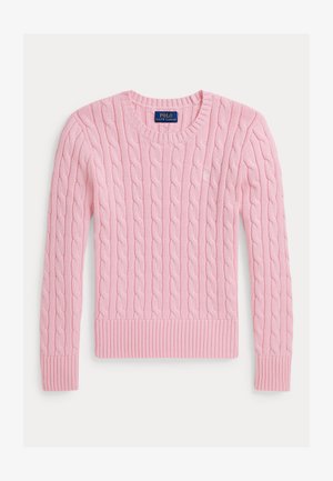 Sweater de manga longa em malha pink com decote redondo e punhos e bainha canelados, apresentando um pequeno logo bordado no peito.