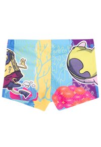 Costumi da bagno colorati con sfondo azzurro chiaro, decorati con personaggi dei cartoni animati e motivi marini in giallo, viola e rosa. Materiale elasticizzato.