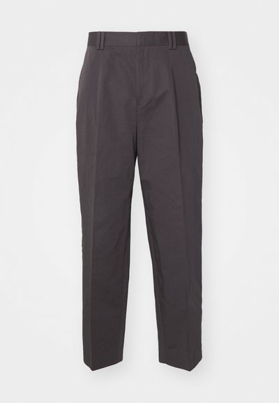 Dark gray trousers with a straight leg design, smooth texture, flat front, and two side pockets. Belt loops included.