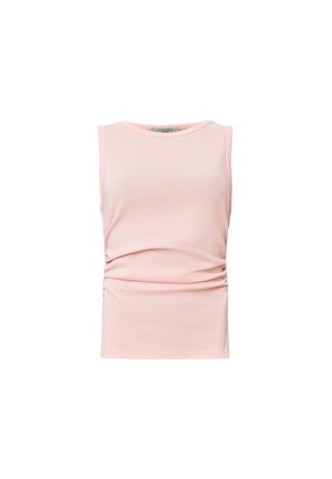 Roze mouwloos topje van zacht, rekbaar materiaal; heeft geplooide details rond de taille voor een aansluitende look.