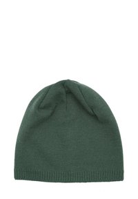 Knitted beanie in dark green, slightly slouchy design, textured fabric, with a ribbed hem. Features a gathered top for added detail.