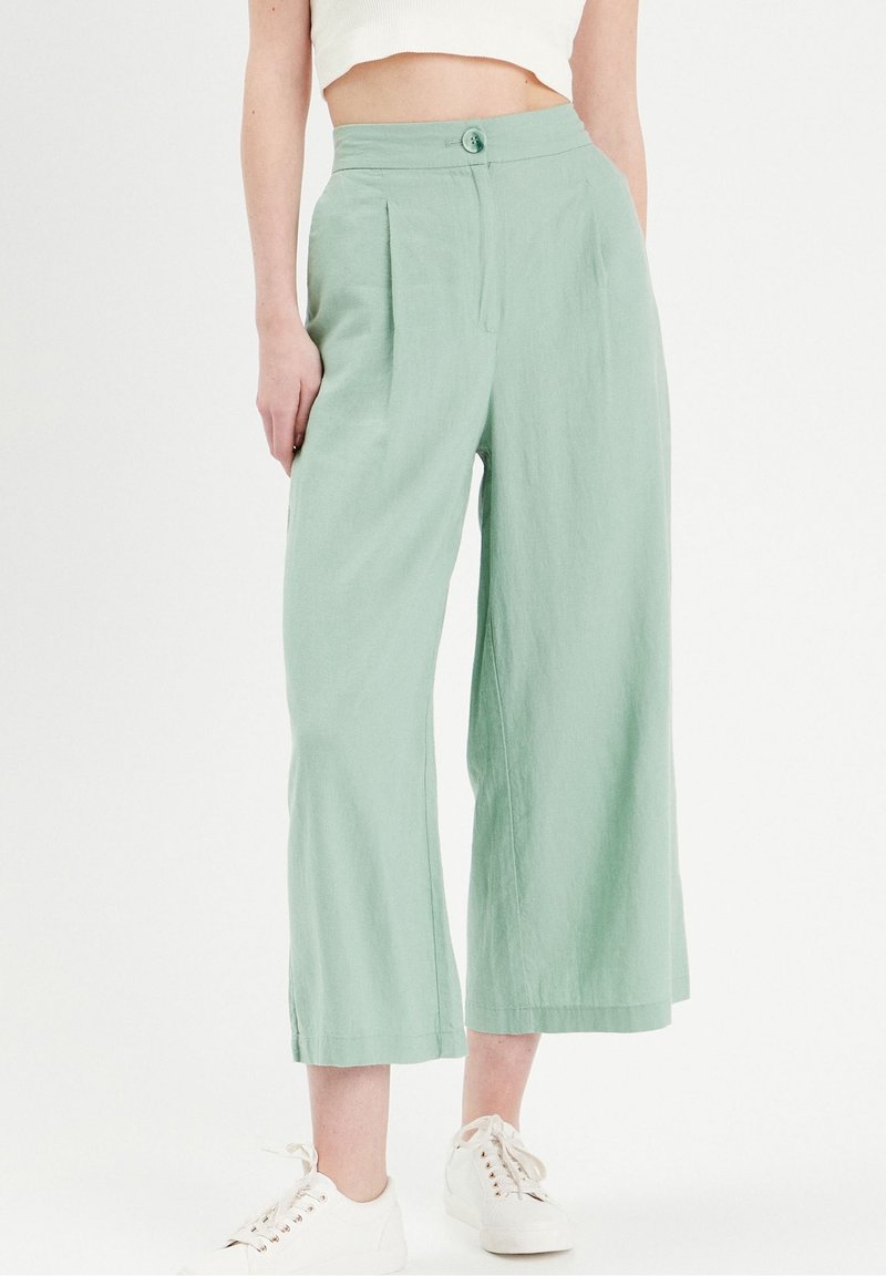 Light green, wide-leg pants made of a soft fabric. Features front pleats and a button closure. Smooth, lightweight texture.