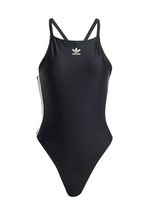 Schwarzer Badeanzug aus einem Stück mit einer eleganten, glänzenden Textur, der dünne Träger und weiße Seitenstreifen aufweist. Branding-Logo auf der Vorderseite.