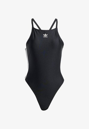 Schwarzer Badeanzug aus einem Stück mit einer eleganten, glänzenden Textur, der dünne Träger und weiße Seitenstreifen aufweist. Branding-Logo auf der Vorderseite.