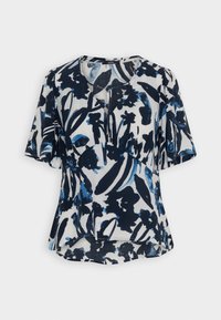Blusa estampada de flores en azul marino y blanco. Mangas cortas, cuello redondo, tejido ligero con un corte holgado y detalles plisados.