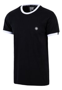Schwarzes Baumwoll-T-Shirt mit weißen Akzenten an Kragen und Ärmeln. Mit kleinem Logo auf der Brust. Klassisches Rundhalsdesign.