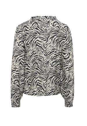 Blouse à manches longues avec un imprimé zèbre noir et blanc, à col haut et poignets froncés pour un ajustement ample. Tissu texturé.