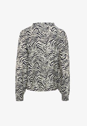 Långärmad blus med ett svart- och vitt zebramönster, hög hals och gathered ärmslut för en löst sittande stil. Strukturerad tyg.