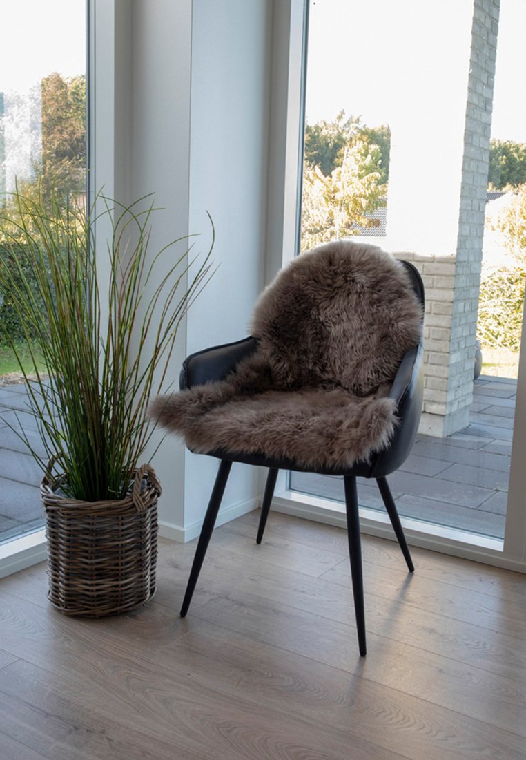 Zwarte stoel met een bontzitting, met een ronde rugleuning en vier taps toelopende poten. Een gestructureerde bruine plantenbak met hoge groene gras ernaast.
