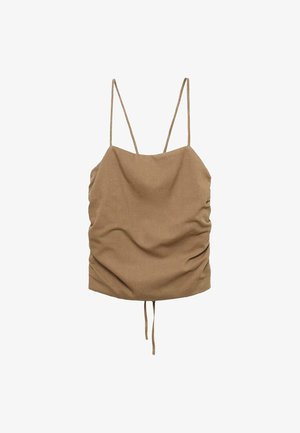 Hnědý top bez rukávů s tenkými ramínky, nařasenou texturou a elastickým lemem pro nastavitelný střih. Vyrobeno z lehkého materiálu.