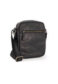 Schwarze Leder-Crossbody-Tasche mit strukturierter Oberfläche, Reißverschluss-Vortasche, verstellbarem Schultergurt und Metallbeschlägen.