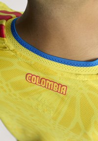 Nærbillede af en gul sportstrøje med blå kant og "COLOMBIA" i røde og gule bogstaver på ryggen nær halsen.