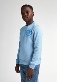Felpa azzurra con colletto rotondo, polsini e orlo a costine. Presenta una stampa grafica blu scuro sul petto. Abbinata a jeans in denim.