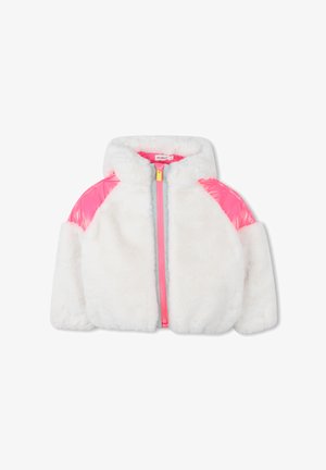 Chaqueta de piel sintética en blanco con mangas sintéticas brillantes en color rosa neón y cremallera frontal. Incluye capucha y un acabado suave y texturizado.