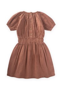 Rostfarbendes Kleid aus weichem, strukturiertem Stoff mit kurzen Puffärmeln, einer gerafften Taille und fünf Knopfverschlüssen am Rücken.