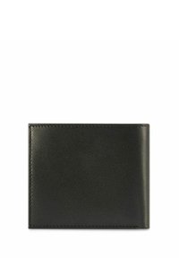 Czarny skórzany portfel o gładkiej fakturze, prostokątnym kształcie i subtelnych przeszyciach wokół krawędzi. Brak widocznych oznaczeń marki.